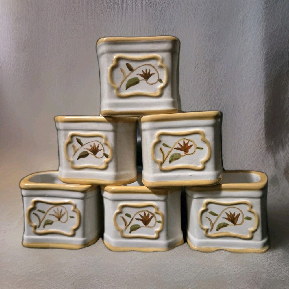 8 Ceramic Yellow Matching Napkin Rings Brown Floral Handpainted Fall